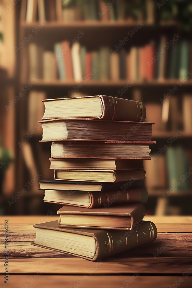 Aufkleber a stack of books on a wooden table with a blurred bookshelf in the background.