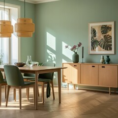 Scandinavian dining room, large windows, natural light, wooden table, white chairs, pendant light, indoor plants, butterfly artwork, green walls, minimalist decor, cozy atmosphere, modern interior des