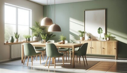 Fototapeta premium Scandinavian dining room, large windows, natural light, wooden table, white chairs, pendant light, indoor plants, butterfly artwork, green walls, minimalist decor, cozy atmosphere, modern interior des