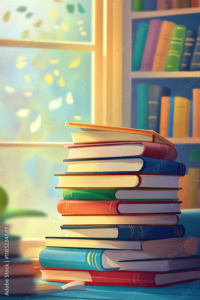 Poster a cozy scene featuring a stack of colorful books beside a window with soft light.