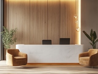 Modern Office Reception Area with Wooden Wall and Marble Desk