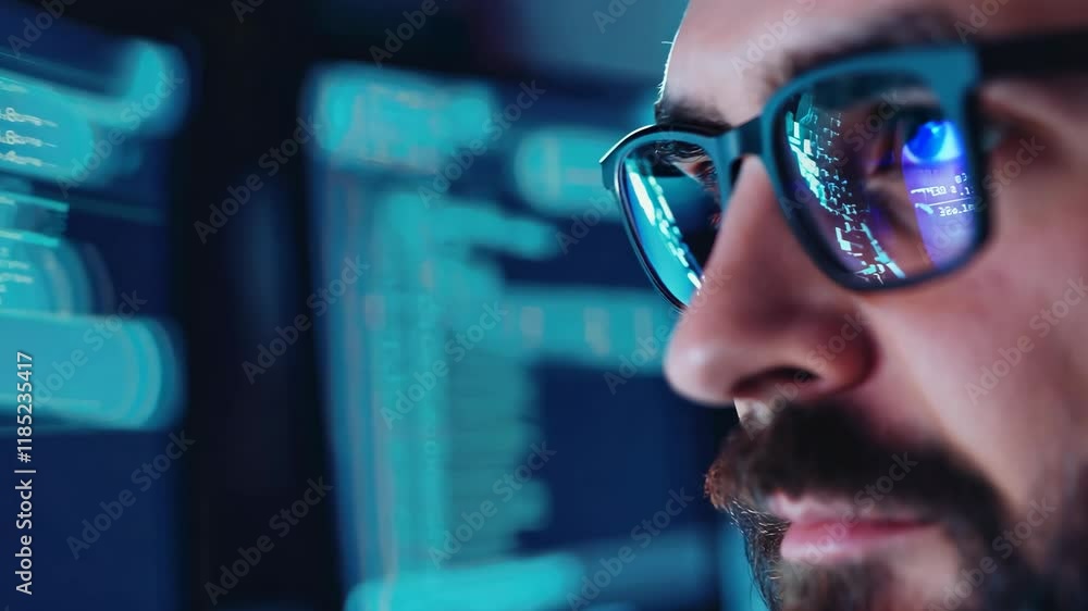 Poster intense close up of focused man in glasses analyzing digital data, reflecting on technology and cybe