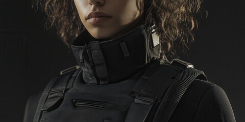 Close-up of a model wearing a high-collared tactical vest with modular compartments integrated LED trims and a matte black finish paired with a seamless techwear base layer studio lighting 