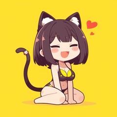 Happy Chibi Cat Girl Illustration Generative AI