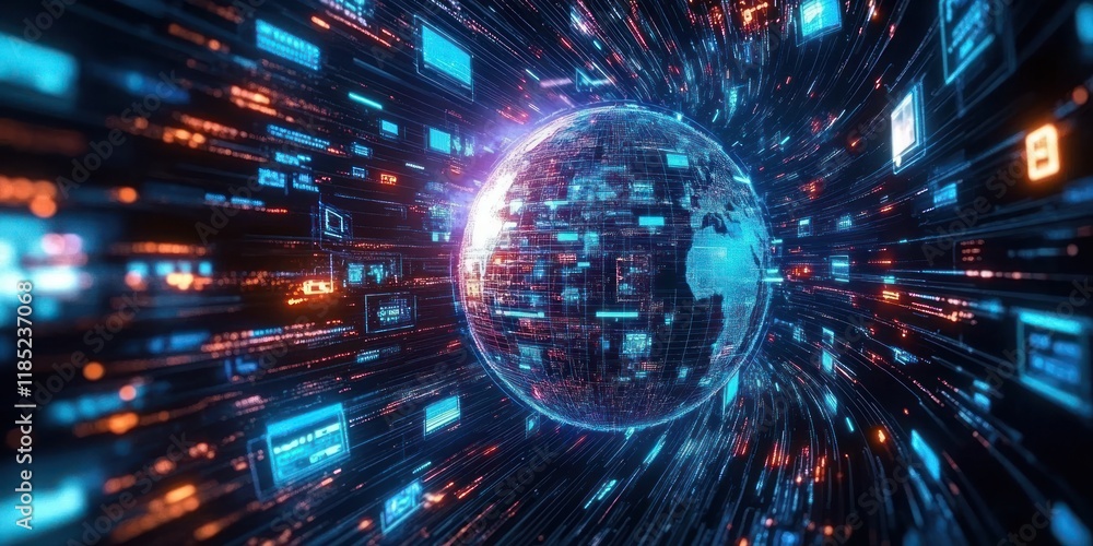 Poster digital globe network floating screens neon lights cyberpunk technology communication connectivity