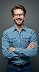 Obraz premium Portrait of happy fashionable handsome man in jeans shirt and glasses crossing hands and smiling