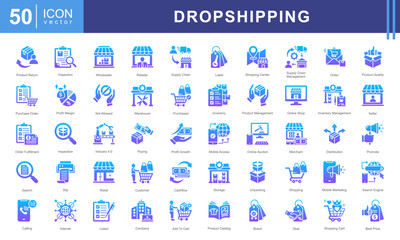 Dropshipping icon collection set. dropshipping icons such as warehouse, inventory, delivery, company, product management, retailer, shopping, purchase. simple vector illustration