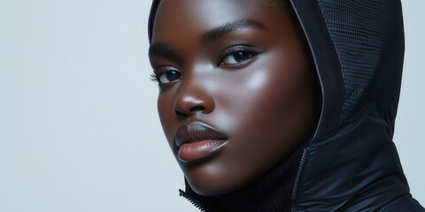 Close-up of a model wearing a seamless hooded jacket with integrated reflective strips and magnetic fasteners, styled with a simple turtleneck underneath.