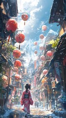 Obraz premium A young Asian woman in a kimono strolls down a vibrant, lantern-adorned street.