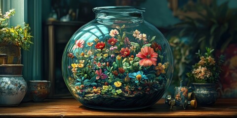 Fototapeta premium A captivating display of botanical beauty: a glass terrarium filled with vibrant flowers and plants, creating a miniature garden masterpiece on a wooden table in a cozy room