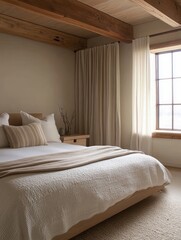 Minimalist Bedroom with Exposed Wooden Beams and Natural Light
