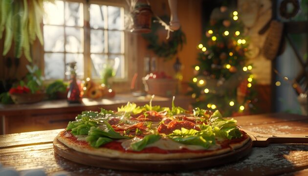 A delicious pizza with fresh toppings sits on a wooden table in a cozy kitchen, with a Christmas tree in the background and a warm, inviting atmosphere.