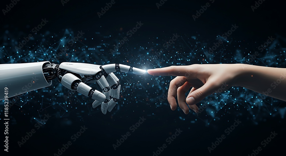 Poster ai, machine learning, hands of robot and human touching on big data network connection background, s