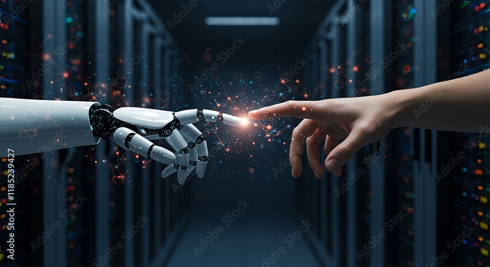 Poster ai, machine learning, hands of robot and human touching on big data network connection background, s