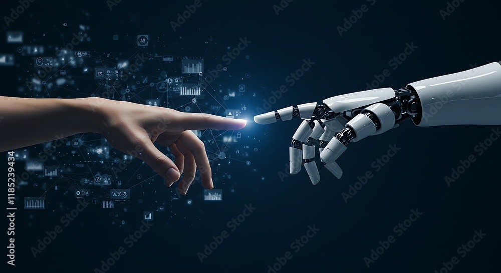 Poster ai, machine learning, hands of robot and human touching on big data network connection background, s