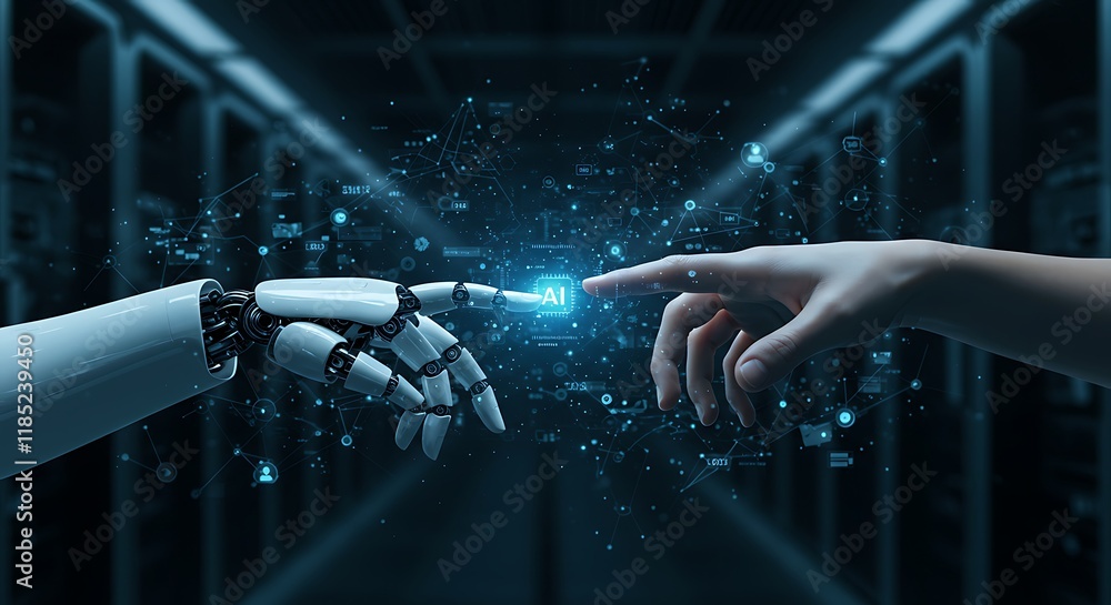 Poster ai, machine learning, hands of robot and human touching on big data network connection background, s