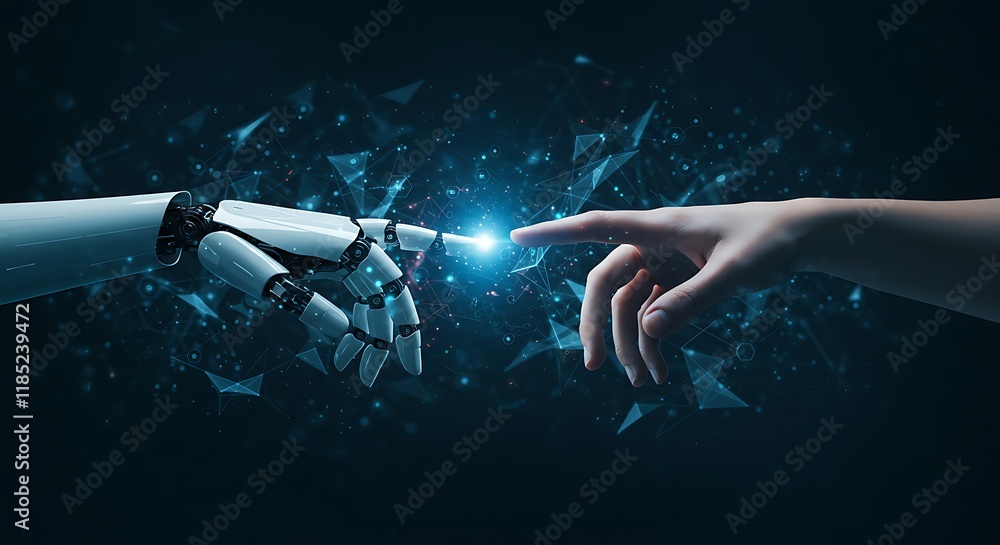 Poster ai, machine learning, hands of robot and human touching on big data network connection background, s