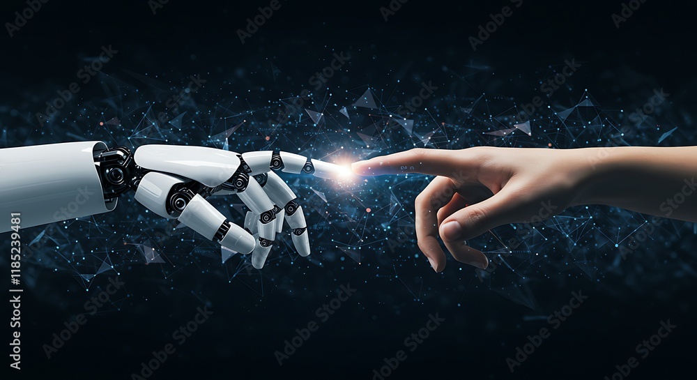 Poster ai, machine learning, hands of robot and human touching on big data network connection background, s