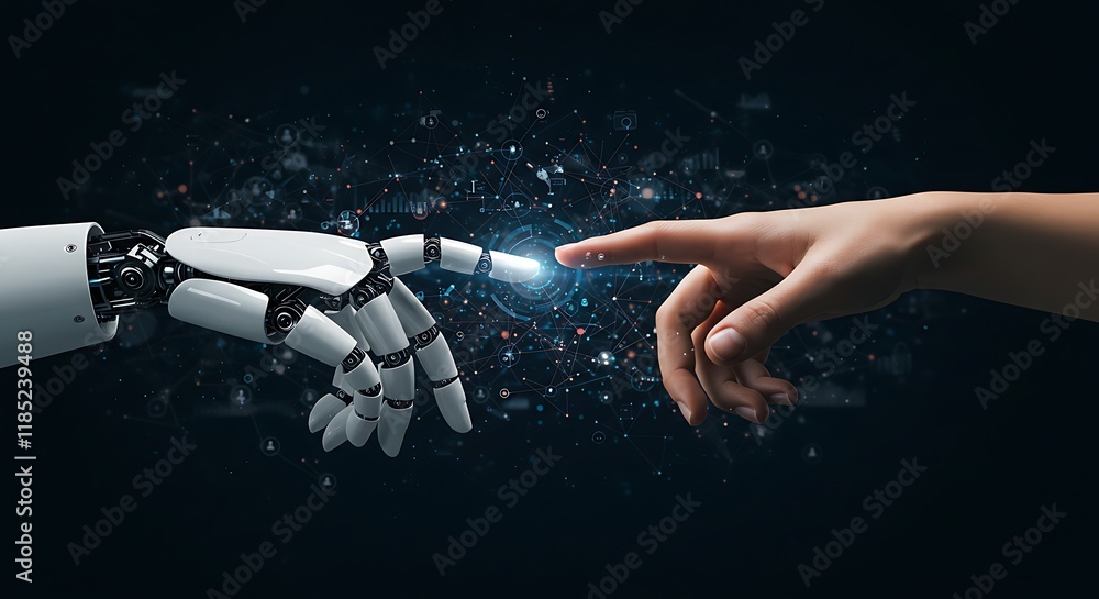 Poster ai, machine learning, hands of robot and human touching on big data network connection background, s