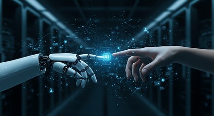 Fototapeta premium AI, Machine learning, Hands of robot and human touching on big data network connection background, Science and artificial intelligence technology, innovation and futuristic.