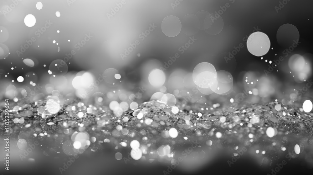 Poster sparkling droplets on a surface create a mesmerizing effect in soft light during early morning hours