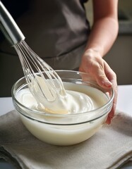 In a bright kitchen, heavy cream is being whisked manually in a glass bowl