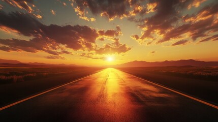 Road to the Sunset: A long, straight asphalt road cuts through a vast landscape under a breathtaking sunset, with the sun casting a warm golden glow on the horizon and the sky ablaze with fiery hues.
