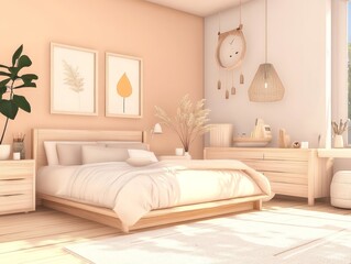 Fototapeta premium Modern Minimalist Bedroom Design With Wooden Furniture
