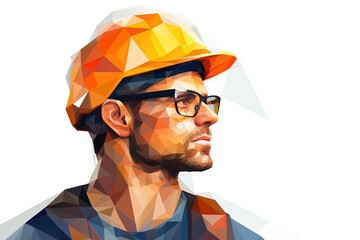 Construction Worker Man Wearing a Uniform, Glasses, and Yellow Safety Helmet. Builder in Hard Hat. Isolated Polygonal Illustration on White Background. Modern Geometrical Low Poly Style.