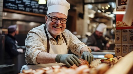 Joyful Butcher: A jovial senior butcher with glasses and a chef's hat smiles radiantly as he prepares meat, showcasing his passion and expertise in a bustling kitchen setting.  