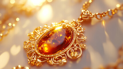 Exquisite amber necklace with intricate golden detailing and a beautiful pendant on a light background. Sunglow. Illustration