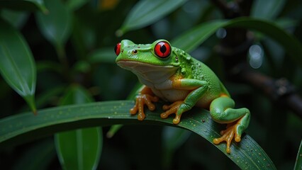 Obraz premium A vibrant red-eyed tree frog perches on a lush green leaf, its bright red eyes gazing upwards with an endearing tilt, set against a soft background