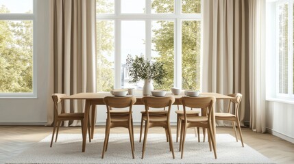 a dining room table with chairs and a vase of flowers
