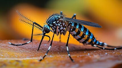 Vibrant Blue And Black Mosquito Closeup On Leaf