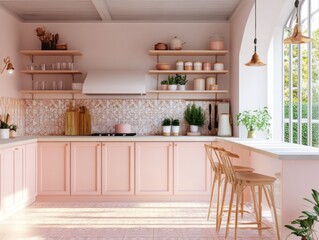 Fototapeta premium Elegant Pink Kitchen With Wooden Accents And Natural Light