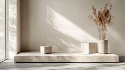 a vase with some plants in it on a platform