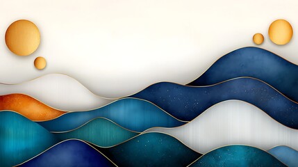 Abstract art of blue, gold, and white layered waves.