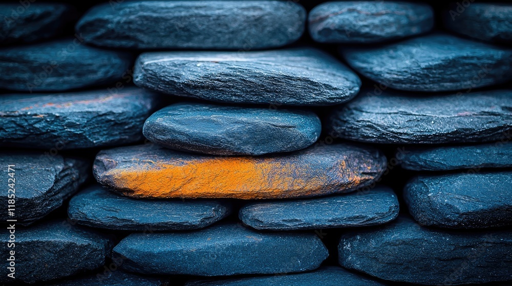 Poster serene stone stack: a study in balance and texture. dark blue and grey stones create a visually capt