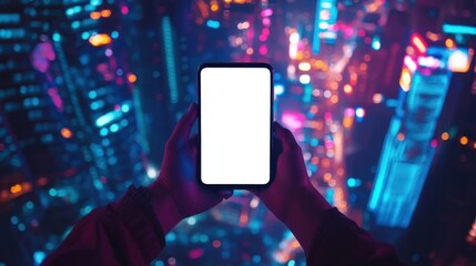 a person holding a phone in their hand in front of a cityscape