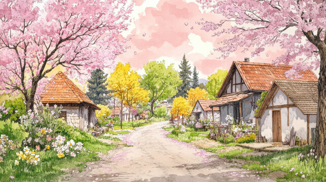 A fine ink drawing of a charming village lane in early spring, the road lined with flowering cherry blossoms, a gentle breeze scattering petals