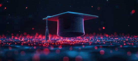 Illuminated Graduation Cap in Cybernetic Landscape Representing Online Education and Learning