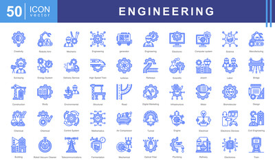 Engineering icon collection set. Containing scientific principles, design, structural, bridges, tunnels, roads, buildings icon. Simple vector illustration.