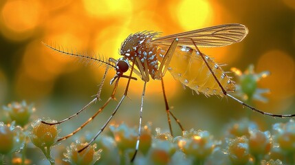 A Mosquito Perched on Delicate Golden Flowers at Sunset