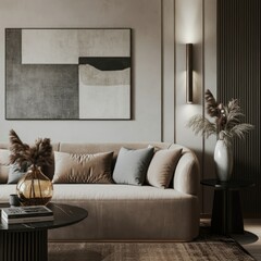 Minimalist living room, neutral tones, beige sofa, abstract geometric artwork, wall sconce lighting, ceramic vase with dried flowers, modern interior design, soft shadows, textured walls, monochromati