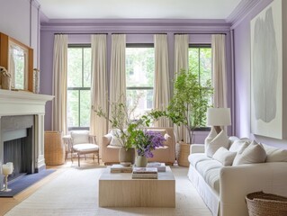Naklejka premium Lavender walls and creamy furnishings create a serene living room