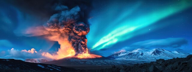 An extraordinary perspective of a high-altitude volcanic plume with glowing ash columns and a rare, deep blue aurora borealis casting an ethereal light over the fiery eruption, Volcanic plume scene