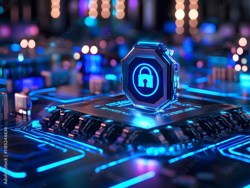 Poster digital lock icon on illuminated circuit board