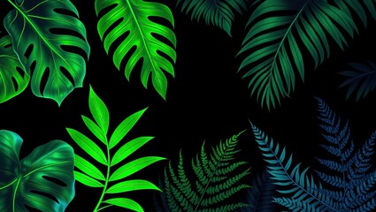 Vibrant Green Tropical Leaves Dark Background