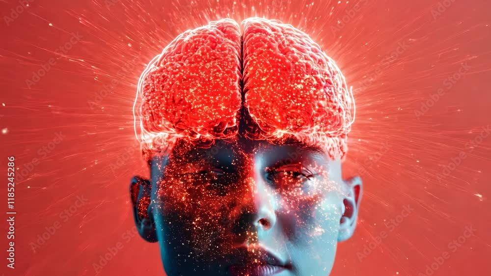 Poster abstract art of human brain glowing red illustration of creativity and intelligence, merging science