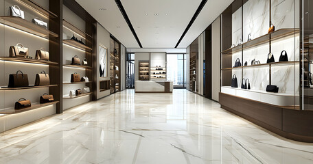 Modern retail store interior showcasing luxury handbags and accessories.